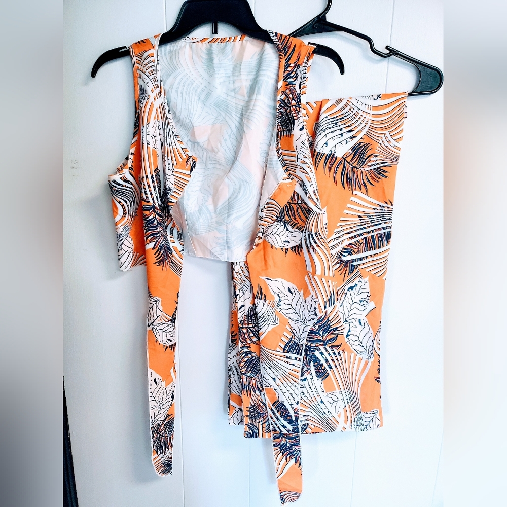 Tropical Print Knot Front Crop Tank Top & Wide Leg Pants